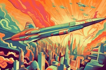 Poster - retro psychedelic poster of sky-high city with high-flying jet planes visible, created with generative ai