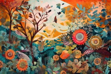 Sticker - bright and colorful collage filled with natural elements and patterns in nature, created with generative ai