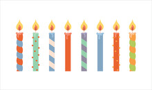 Set Of Candles. Wax Cartoon Flat Vector Happy Birthday, Anniversary Burning With A Flame Candles Set. Party Holiday Fun Decoration For Cake.