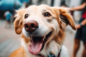 Wall Mural - portrait of happy dog with tongue hanging out, looking playful and carefree, created with generative ai