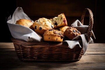 Poster - an assortment of muffins and scones in a rustic wooden basket, created with generative ai