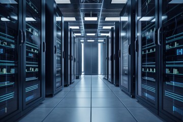 Poster - data center with shelves full of server hardware, cables in sight, created with generative ai