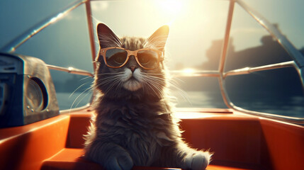 Close up of a cat wearing sunglasses on the beach at sunset. Generative ai illustration