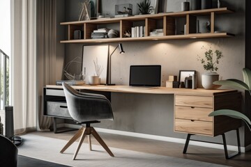 Wall Mural - minimalist home office with sleek desk, storage solutions and modern decor, created with generative ai