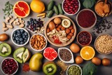 Fototapeta Kuchnia - a colorful and healthful array of immunity-boosting foods, including fruits, vegetables, nuts & seeds, created with generative ai