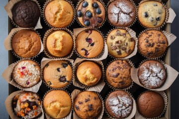 Sticker - a tray of perfectly baked muffins, topped with a variety of mix-in options, created with generative ai