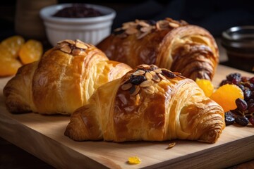 Wall Mural - homemade croissant, filled with sweet and savory fillings such as chocolate, fruit preserves and cheese, created with generative ai