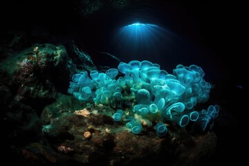 Wall Mural - underwater cave with shimmering light, created by bioluminiscent organisms, created with generative ai