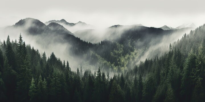 AI Generated. AI Generative. Photo realistic illustration of mountains forest fog morning mystic. Graphic Art