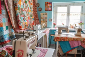 Wall Mural - sewing room, with sewing machines in use and fabrics in vibrant colors, created with generative ai