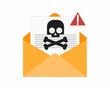 Email envelope with black document and skull icon concept of Virus, malware, email fraud, e-mail spam.