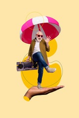 Wall Mural - Illustration collage of funny dancing careless senior man listen boombox music beach retro party atmosphere isolated on yellow background