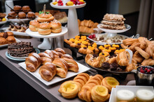 Set Of Coffee Break In The Hotel During Conference Meeting With Tea And Coffee Catering Decorated Banquet Table With Variety Of Different Desserts Pastry And Bakery With Croissants And Cookies