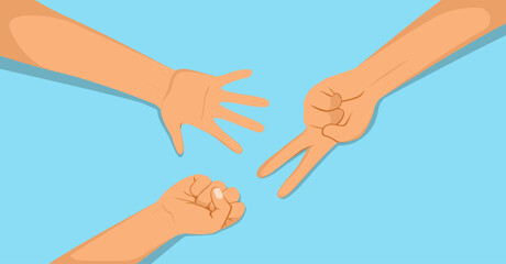 Vector illustration of three hand making gestures. Arms playing rock paper scissors game