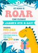 Dinosaur Birthday party design template with cartoon t-rex and jungle background. Jurassic themed B-day invitation colorful design. Flat style vector illustration. Get ready to roar Dino party card.