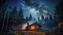 House In The Woods At Night With Milkyway Visible - Generative AI