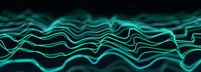 Fototapete - Abstract background of points. Wave of cyber particles. Big data stream. 3d rendering