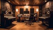 © Qulu - A inviting music recording studio with soundproof walls, a mixing console, and vintage - inspired decor that inspires creativity and captures the essence of the music being produced. generative ai