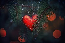 Christmas Tree Branches Decorated With Cute Red Hearts Holding. Generative AI