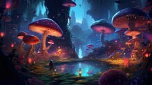 A Curious Pet Exploring A Magical Forest Filled With Glowing Mushrooms And Fairies.