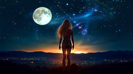 Wall Mural - beautiful young woman stay on earth and watch starry sky moon planet surrealism,generated ai