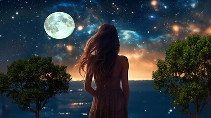 Wall Mural - beautiful young woman stay on earth and watch starry sky moon planet surrealism,generated ai
