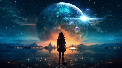 Wall Mural - beautiful young woman stay on earth and watch starry sky moon planet surrealism,generated ai
