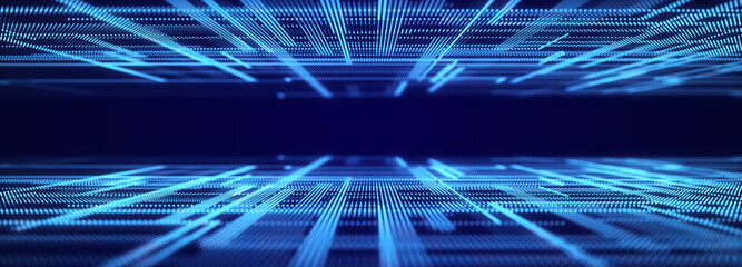 Fototapete - Abstract technology background. Computer matrix. Futuristic cyber blue background of points. 3d rendering.