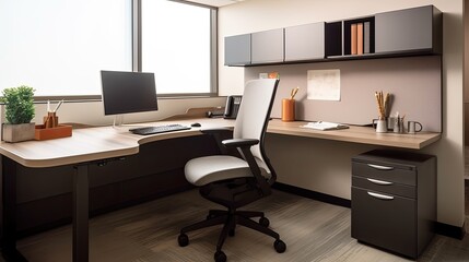 A modern government office cubicle with a sleek desk