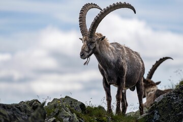 Sticker - Beautiful Alpine ibex (Capra ibex) goat resting on a mountain during sunrise