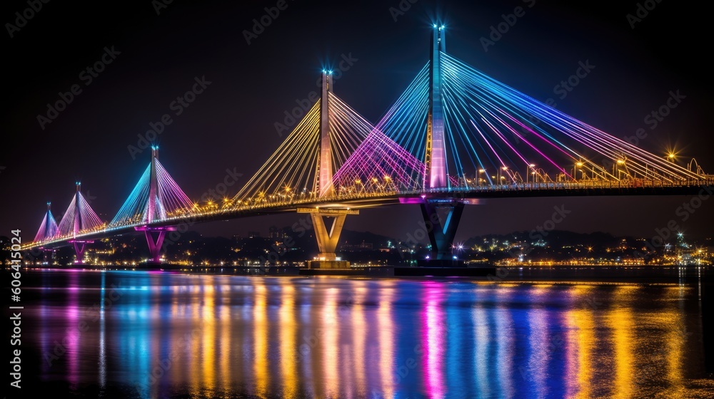 An engineering marvel featuring a modern suspension bridge at night ...