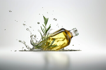 Natural rosemary essential oil in a glass bottle splash on white background, Organic green leaves, Herbal remedies, AI Generative