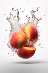 Wall Mural - Levitation ripe peaches with drops of juice water splash, isolated on white background, organic healthy fruit, flying food. AI generative
