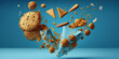 Levitation unhealthy and junk food splash, Assortment of take out and fast foods on blue background, carbohydrates food, high-fat, high-calorie, guilty pleasure, AI Generative.