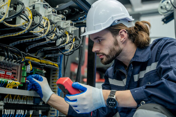 Aufkleber - Electrical engineers using measuring them with a multimeter test electrical installations and wiring on protective relays.