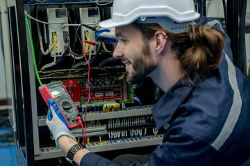 Aufkleber - Electricity and electrical maintenance service,Electrical engineers test electrical installations and wiring on protective relays, measuring them with a multimeter.