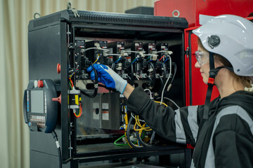 Aufkleber - Electricity and electrical maintenance service,Electrical engineers test electrical installations and wiring on protective relays, measuring them with a multimeter.
