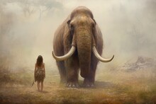 Prehistoric Mammoth With Woman. Generate Ai
