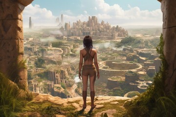 Prehistoric woman future city. Generate Ai