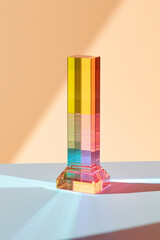 Poster - A minimalist photograph of sunlight passing through a glass prism, creating a spectrum of colors and representing the transformation and dispersion of clear energy. Generative AI technology.