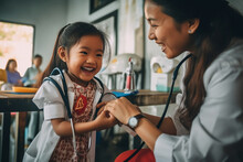 A Child Looks Happy To Meet A Caregiver, Smile Girl Meeting Doctor