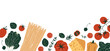 © Maria - Pasta and tomatoes with garlic and basil. Textured illustration. Italian food horizontal banner.