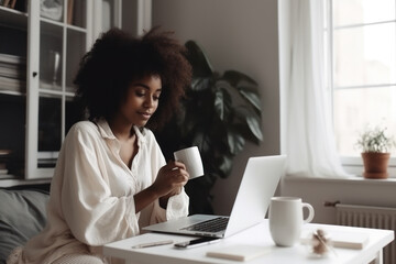 Wall Mural - Afro woman seated holding a cup of coffee while teleworking