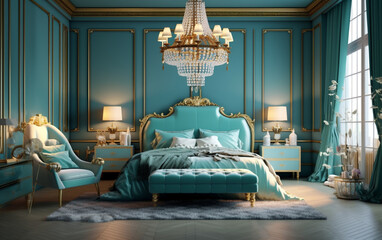 luxury dreamy cyan and gold bedroom with statement chandelier, Generative AI	