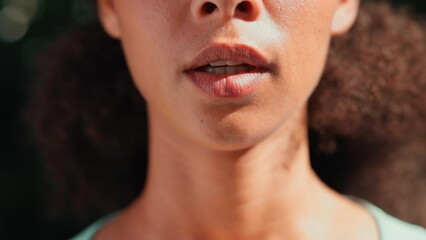 Wall Mural - Fitness, woman and mouth breathing from exercise and run rest outdoor for wellness. Closeup, female athlete and runner tired after sport and training in the sun with sports and calm breathe practice