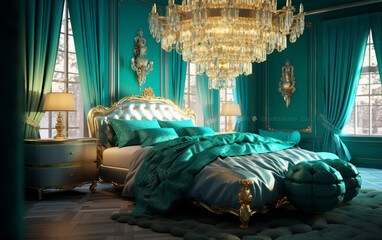 Dreamy cyan and gold bedroom with statement chandelier, Generative AI	
