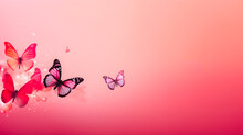 Beautiful Butterflies Fly On Pastel Pink Background With Copy Space. AI Generative