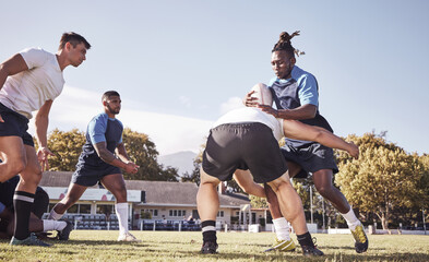 Sticker - Sports, rugby and men tackle on field for match, practice and game in tournament or competition. Fitness, teamwork and players playing on grass for exercise, training and performance to win ball