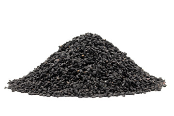 Black cumin or nigella sativa isolated on white background. Pile of black cumin seeds. Kalonji, nigella, black cumin