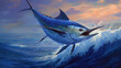Blue Marlin fish jumping out of ocean water. Generative AI